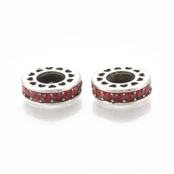 Alloy European Beads, Large Hole Beads, with Rhinestone, Flat Round, Antique Silver