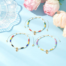 Регулируемые плетеные браслеты из круглых стеклянных бусин, браслеты с подвесками в форме сердца из нержавеющей стали для женщин, золотые