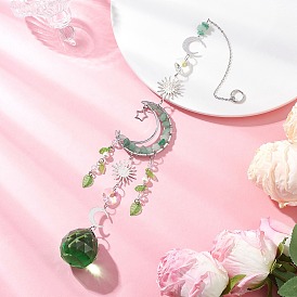 Стекло каплевидное окно висит ловцы солнца, латунное звено «солнце и луна» и бусины из натурального зеленого авантюрина для декора на открытом воздухе и в саду