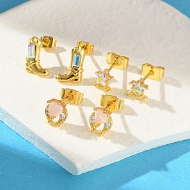 Серьги-гвоздики из латуни с микропаве из кубического циркония для женщин, реальный 18 k позолоченный