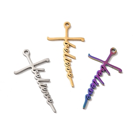Ion Plating(IP) 304 Stainless Steel Pendants, Cross with Word Believe Charm