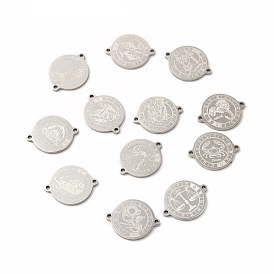 12 Constellations 304 Stainless Steel Connector Charms, Stainless Steel Color, Flat Round