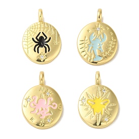 Brass Micro Pave Cubic Zirconia Pendants, with Enamel, Real 18K Gold Plated, Oval