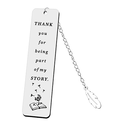 Rectangle Quote/Ruler Bookmark, Stainless Steel Bookmark, Feather Pendant Bookmark with Long Chain, Dandelion/Star/Heart/Moon/Cross Pattern
