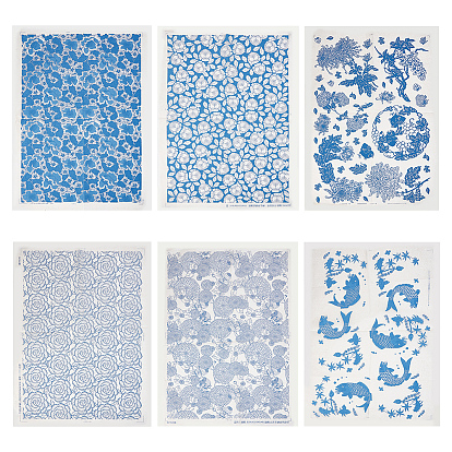 6шт. 6 стили бумажные керамические наклейки, гончарная керамика глиняная переводная бумага, подглазурная цветочная бумага, бело-голубой фарфор стиле