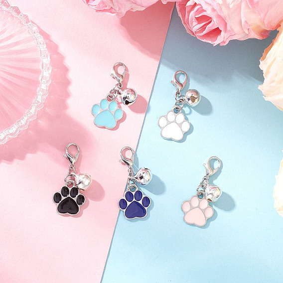Подвесные украшения из сплава с эмалью в виде отпечатка лапы, с застежками-карабинами из цинкового сплава и подвесками-колокольчиками из латуни