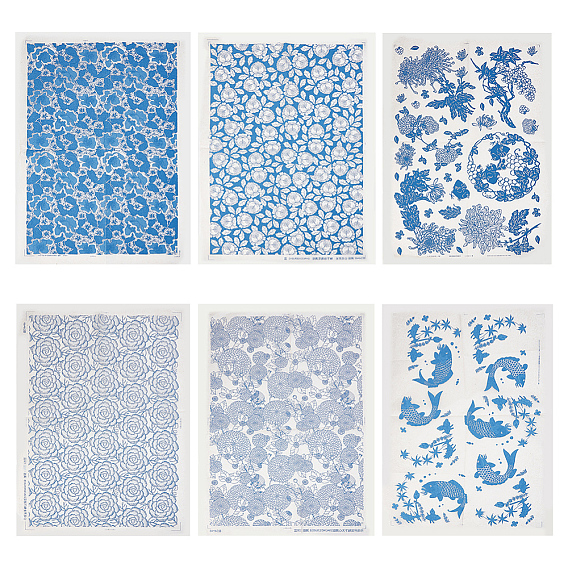 6шт. 6 стили бумажные керамические наклейки, гончарная керамика глиняная переводная бумага, подглазурная цветочная бумага, бело-голубой фарфор стиле