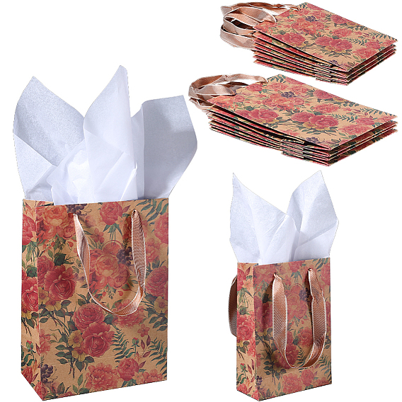 8шт. 2 стили rotro, упаковка из бумаги с принтом розовых цветов, сумки-шопперы, сумки с ручками, прямоугольные, с 10шт. прямоугольной подарочной оберточной бумагой с цветочным рисунком