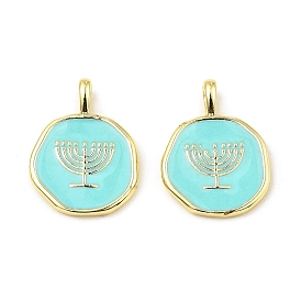 Hannukah Brass Enamel Pendants, Long-Lasting Plated, Lead Free & Cadmium Free, Real 18K Gold Plated, Flat Round with Menorah Charm