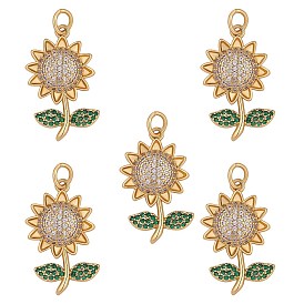 Brass Micro Pave Cubic Zirconia Pendants, with Jump Rings, Sunflower