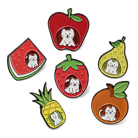 Watermelon/Apple/Pear/Orange/Pineapple/Strawberry Cartoon Fruit with Cat Enamel Pins, Black Alloy Badge for Backpack Clothes