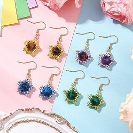 Серьги-подвески из натурального тигрового глаза, с 304 крючками для сережек из нержавеющей стали и стеклянной бусиной, золотые