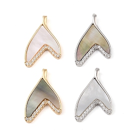 Brass Micro Pave Clear Cubic Zirconia Pendants, Natural Shell Whale Tail Charms