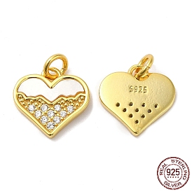 925 Sterling Silver Micro Pave Cubic Zirconia Charms, Heart Charm, with Shell & 925 Stamp & Jump Ring