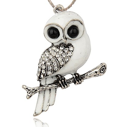 Старинные антикварные сплава серебра эмаль сова подвески, со стразами, 52x43x8 мм, отверстие : 2 мм