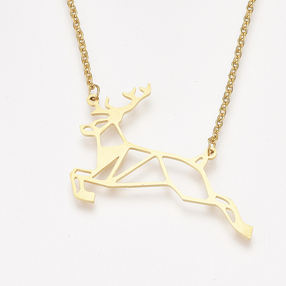 201 Stainless Steel Pendant Necklaces, with Cable Chains, Christmas Reindeer/Stag