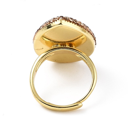 Natural Labradorite Teardrop Adjustable Ring with Rhinestone, Rack Plating Brass Wide Ring for Women