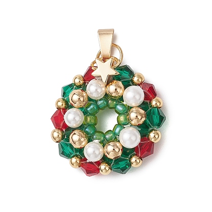 Стеклянные подвески, Рождественский венок, с ракушечным жемчугом и круглыми латунными бусинами и 304 петлей из нержавеющей стали, граненые