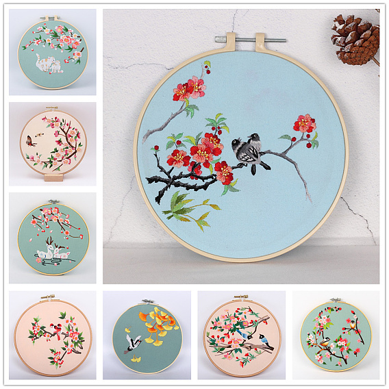 Наборы для вышивки цветов/листьев/животных своими руками, включая набивную хлопчатобумажную ткань, нитки и иглы для вышивания, круглые пяльцы