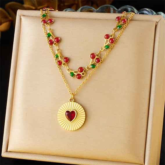 304 подвеска в форме сердца из нержавеющей стали со стразами Siam, двухслойные цепочки в форме вишни для женщин, с эмалью