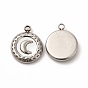 Natural White Shell Flat Round Charms, with Vacuum Plating 304 Stainless Steel Findings, Moon Pattern