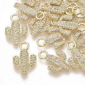 Brass Micro Pave Cubic Zirconia Pendants, Real 18K Gold Plated, Cactus