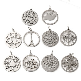 304 Stainless Steel Pendants, with Jump Ring, Flat Round with Star/Flower/Butterfly/Bird/Bicycle/Heart/Eiffel Tower Pattern, Stainless Steel Color