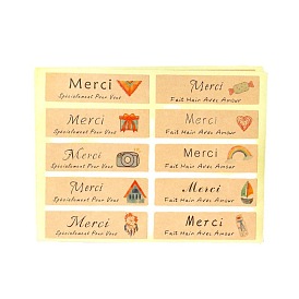 Self Adhesive Kraft Paper French Thank You Gift Stickers, Rectangle Gift Sealing Decals with Flower, for Gift Warpping
