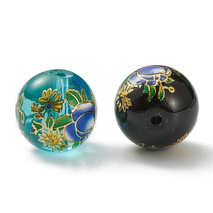 Flower Painted Handmade Lampwork Round Beads, 14x13mm, Hole: 1mm