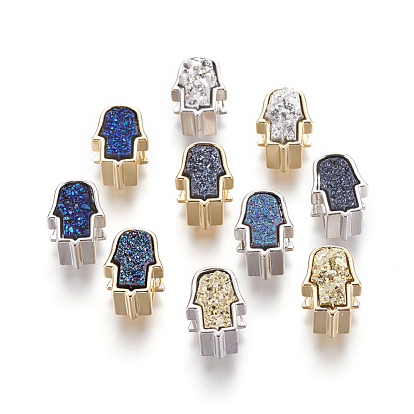 Brass Slide Charms, with Druzy Resin Cabochons, Hamsa Hand/Hand of Fatima/Hand of Miriam