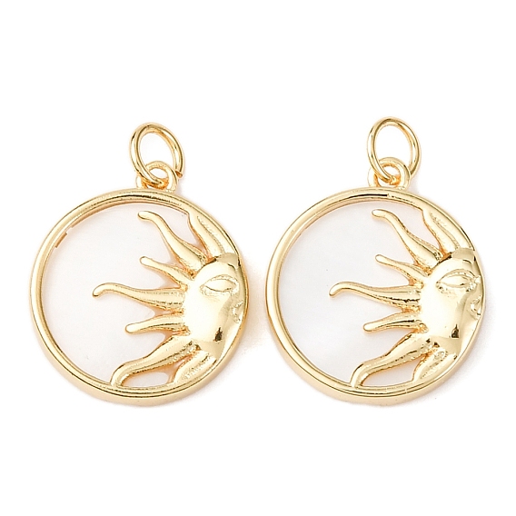 Natural Shell Pendants, with Brass Findings & Jump Ring, Long-Lasting Plated, Flat Round with Sun