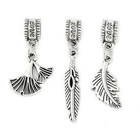 Rack Plating Brass European Dangle Charms, Leaf/Feather Large Hole Pendants, Lead Free & Cadmium Free, Antique Silver