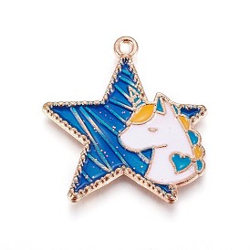 Colgantes de la aleación de zinc, con esmalte, estrella con unicornio, la luz de oro