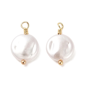 ABS Plastic Imitation Pearl Pendants, with Real 18K Gold Plated Rack Plating Brass Findings, Flat Round Charm