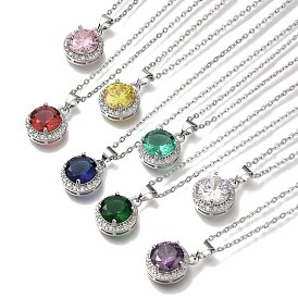 304 Stainless Steel Cable Chain Necklaces, Brass Clear Cubic Zirconia Flat Round Pendant Necklaces, Platinum & Stainless Steel Color