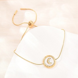 Регулируемые 304 браслеты-цепочки из нержавеющей стали в форме змеи, Натуральная белая ракушка, плоская круглая, украшение в виде луны для женщин., ионное покрытие (ip), долговечный