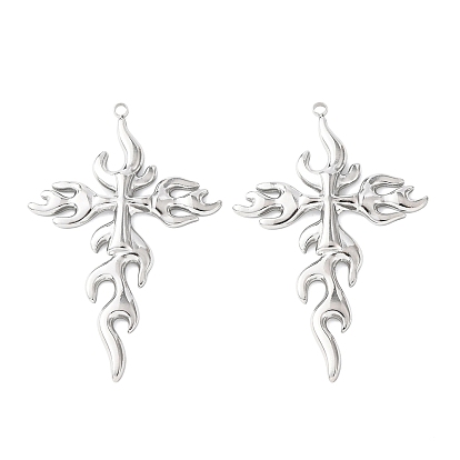 304 Stainless Steel Pendants, Fire-shape Cross Charm