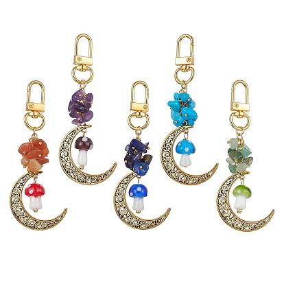 Hollow Moon Alloy Pendant Decoraiton, with Gemstone Chip Beads and Mushroom Handmade Lampwork Beads, Alloy Swivel Clasps