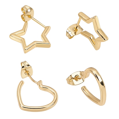 Brass Stud Earrings, Long-Lasting Plated, Star & Heart