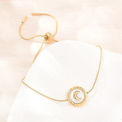 Регулируемые 304 браслеты-цепочки из нержавеющей стали в форме змеи, Натуральная белая ракушка, плоская круглая, украшение в виде луны для женщин., ионное покрытие (ip), долговечный