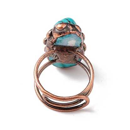 Synthetic Turquoise Irregular Nugget Open Cuff Ring, Red Copper Brass Wire Wrap Chunky Ring for Women, Cadmium Free & Lead Free