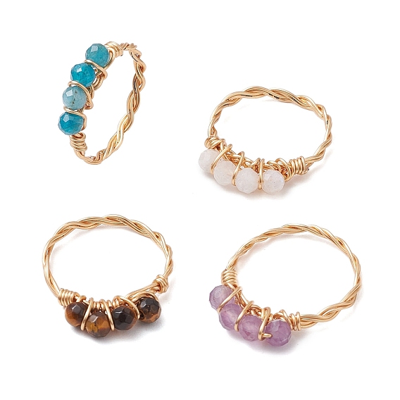 Ограненные круглые бусины из натурального тигрового глаза, апатита, радужного лунного камня и аметиста, кольца для пальцев, обернутые медной проволокой