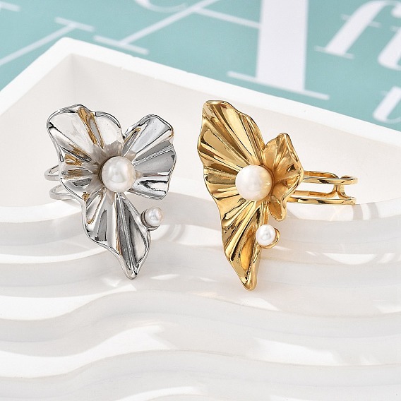 304 палец кольца из нержавеющей стали, с бисером пресноводного жемчуга, лист, ионное покрытие (ip)