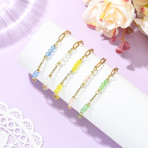 Браслеты из гальванически покрытых стеклянных бусин-ронделей, 304 женские браслеты-цепочки из нержавеющей стали, реальный 18 k позолоченный