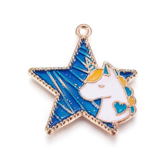 Zink Legierung Anhänger & Charms, mit Emaille, Stern mit Einhorn, Licht Gold