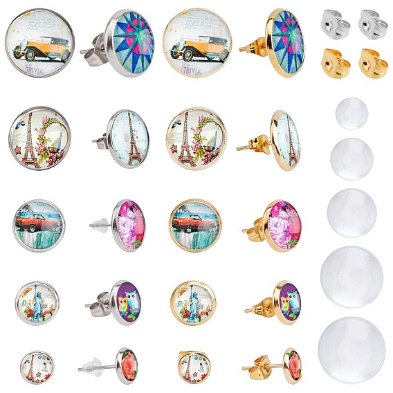 DIY Stud Earring Making Kits, with 304 Stainless Steel Ear Stud Findings & Ear Nuts, Transparent Glass Cabochons