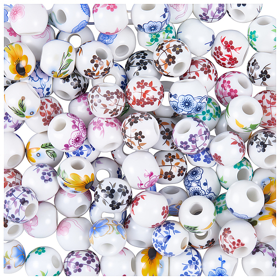 120шт. печатные фарфоровые бусины, круглые с цветочным узором