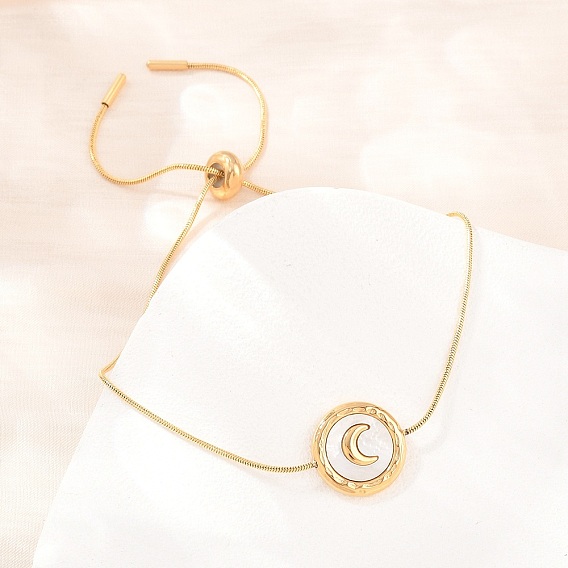 Регулируемые 304 браслеты-цепочки из нержавеющей стали в форме змеи, Натуральная белая ракушка, плоская круглая, украшение в виде луны для женщин., ионное покрытие (ip), долговечный