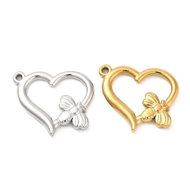 Ion Plating(IP) 304 Stainless Steel Pendants, Heart with Bee Charm