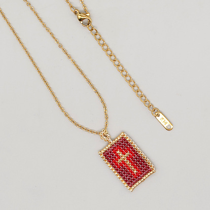 Gold Cube Cross Pendant with Beaded Chain for Men and Women